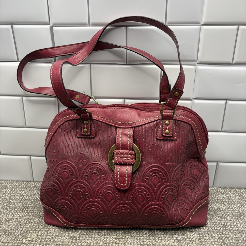 B.O.C. Red Shoulder Bag Tooled Pattern Adjustable Strap Outside Pocket Nice